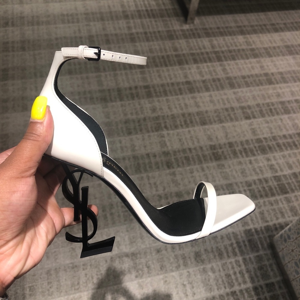 Yves Saint Laurent White and Black Opyum Logo Heel Sandal
